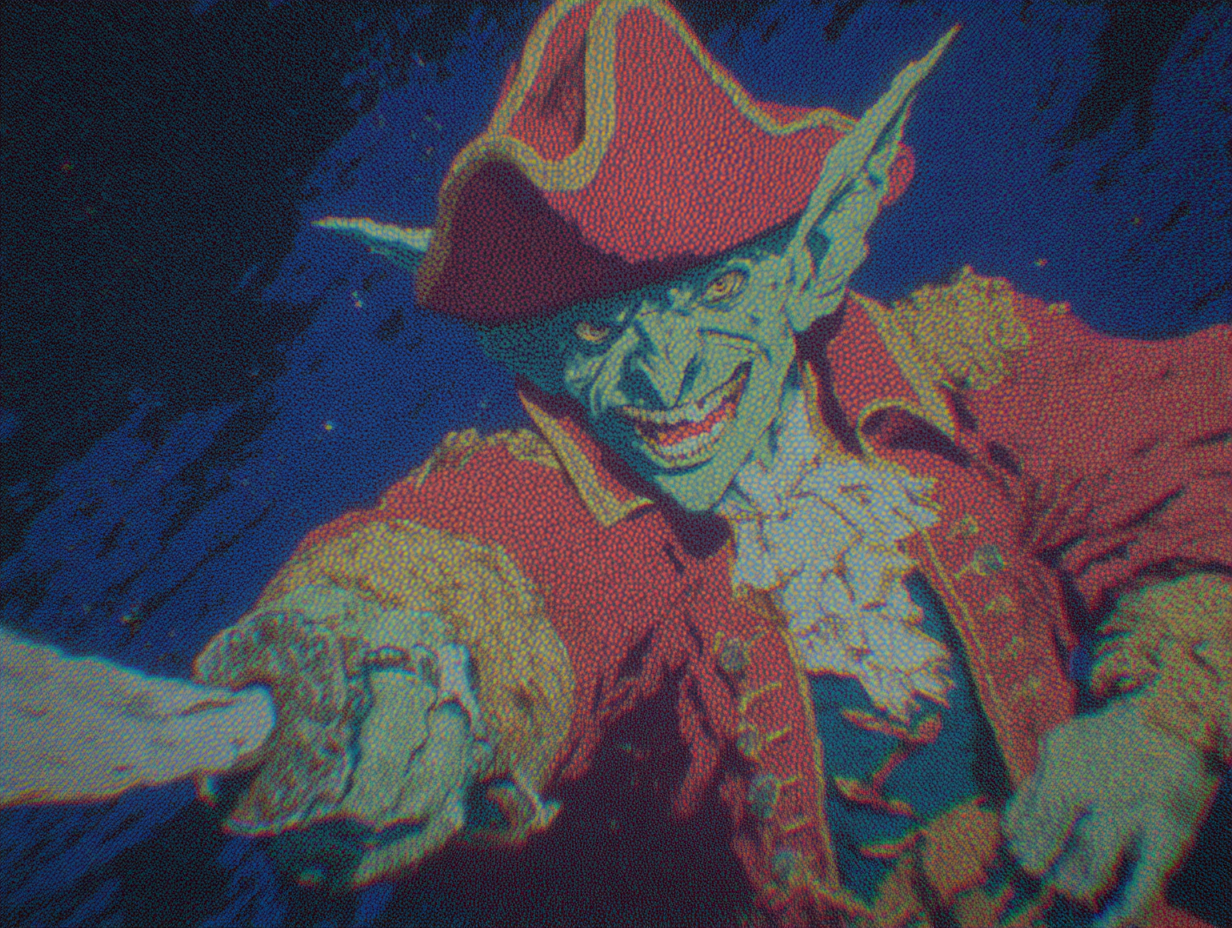A dashing goblin captain in a red coat, pointing a rapier forward confidently.