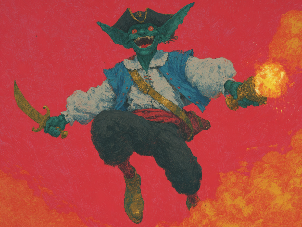 A chaotic goblin pirate dual-wielding a scimitar and a firing blunderbuss against a fiery backdrop.