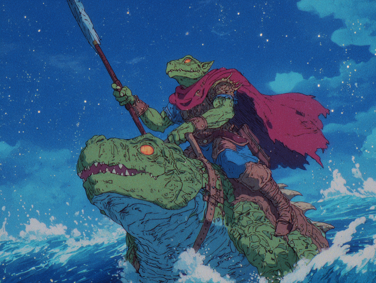 A goblin in armor riding a large sea lizard through the waves at night, holding a lance.
