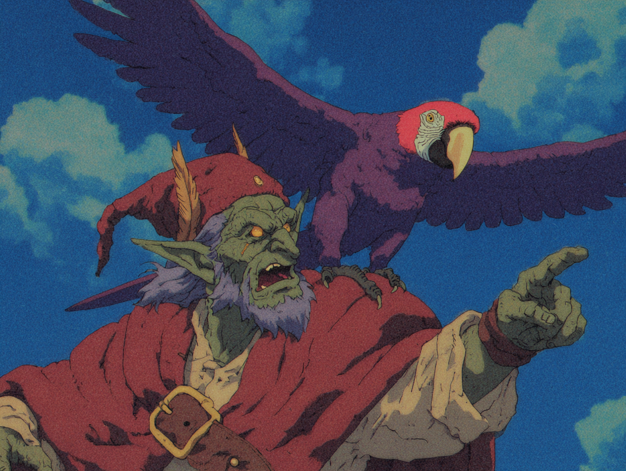 An older, bearded goblin in robes with a large parrot on his shoulder, pointing authoritatively.